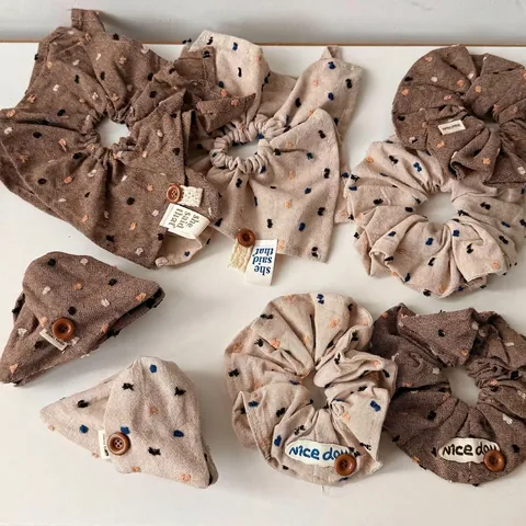 Vintage Korean Style Oversized Polka Dot Cotton Linen Scrunchies With Button Lace Decor Scarf Hair Ties For Women Girls