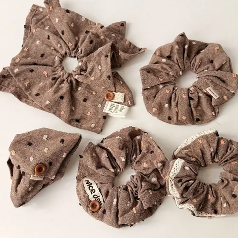 Vintage Korean Style Oversized Polka Dot Cotton Linen Scrunchies With Button Lace Decor Scarf Hair Ties For Women Girls