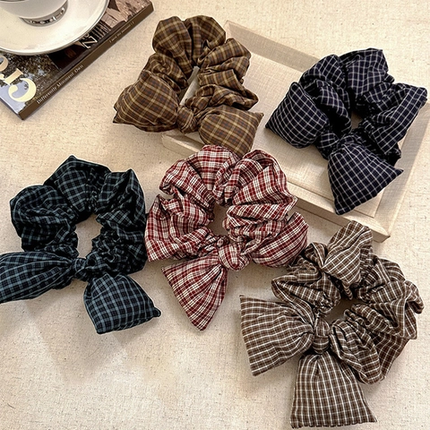 Scrunchies a Quadretti con Fiocco da Donna Grandi Elastici per Capelli in Tessuto Vintage Fasce per Capelli Stile Coreano Dolce Accessori
