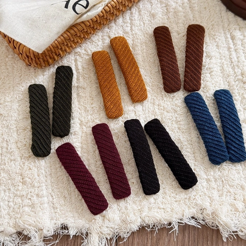 Vintage Twill Fabric Wrapped Hair Clips Rectangle Knitted Texture Bangs Side Clips Handmade Hair Pins Women Hair Accessories