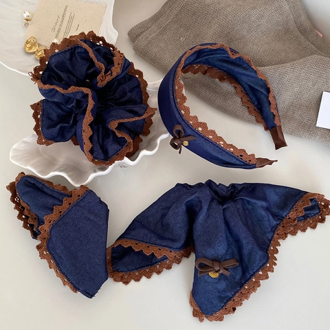 Accessori per Capelli in Pizzo Blu Denim Retrò Elastici in Tessuto Coreano Vintage Cerchietto Sciarpa a Triangolo Fiocco per Donna