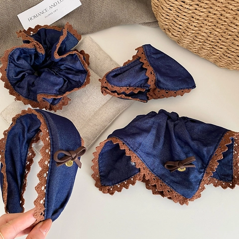 Accessori per Capelli in Pizzo Blu Denim Retrò Elastici in Tessuto Coreano Vintage Cerchietto Sciarpa a Triangolo Fiocco per Donna