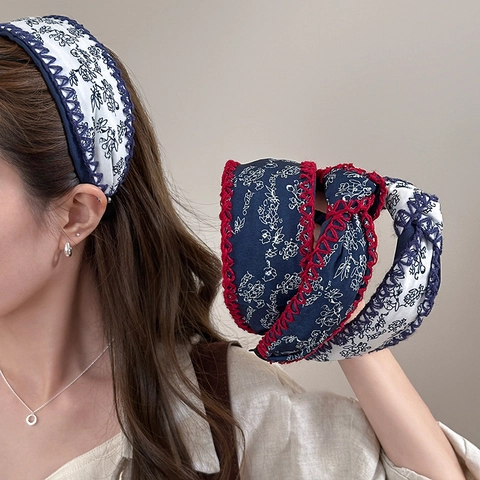 Bohemian Floral Wide Headband For Women Retro Twisted Knot Fabric Hair Band Handmade Crochet Edge Hair Accessories