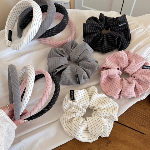 Ensemble Serre-tête et Chouchou en Tissu Rayé pour Femmes Élastique à Cheveux Doux Serre-tête Large et Fin Accessoires de Cheveux Style Coréen