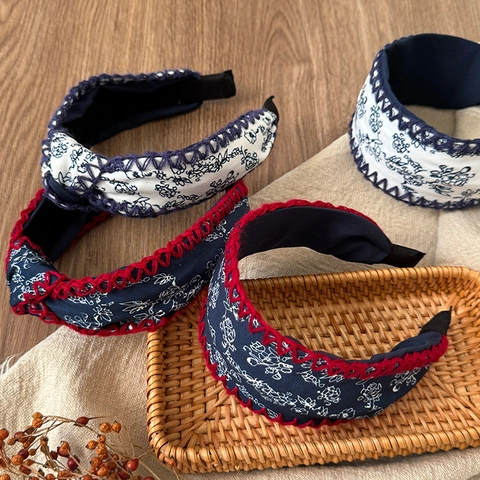 Bohemian Floral Wide Headband For Women Retro Twisted Knot Fabric Hair Band Handmade Crochet Edge Hair Accessories