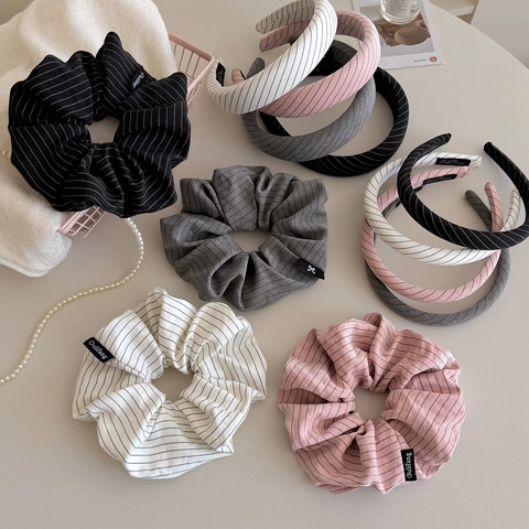 Ensemble Serre-tête et Chouchou en Tissu Rayé pour Femmes Élastique à Cheveux Doux Serre-tête Large et Fin Accessoires de Cheveux Style Coréen
