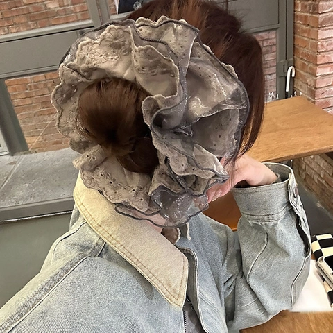 Elegante Scrunchie in Pizzo Stile Francese Doppio Strato Traforato Ricamato Elastico per Capelli Coreano Organza Donna
