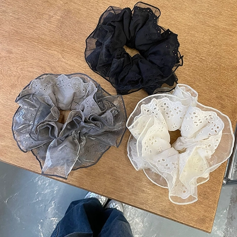Elegante Scrunchie in Pizzo Stile Francese Doppio Strato Traforato Ricamato Elastico per Capelli Coreano Organza Donna