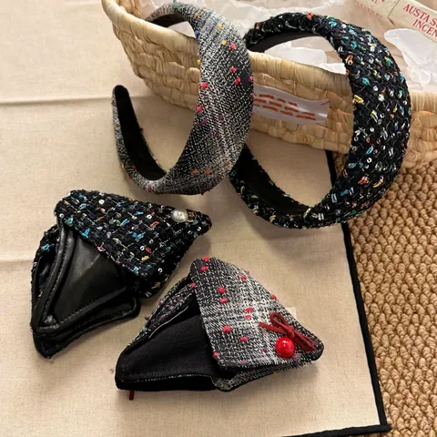 French Vintage Tweed Hair Accessories Set For Women Elegant Plaid Hair Claw Clips And Padded Headbands With Artificial Pearl