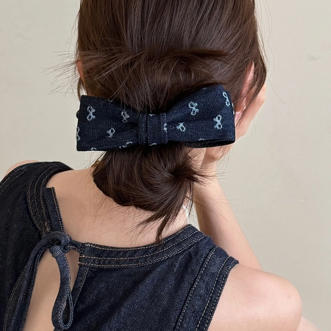 Fermaglio per Capelli con Fiocco in Denim per Donna Moda Tessuto Denim Fermaglio a Banana Porta Coda di Cavallo Verticale Accessori per Capelli Fatti a Mano