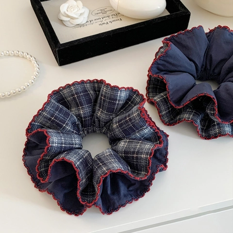 Oversized Korean Navy Blue Plaid Double Layer Fabric Hair Scrunchie For Women Elegant Vintage Red Wavy Edge Elastic Hair Tie Band
