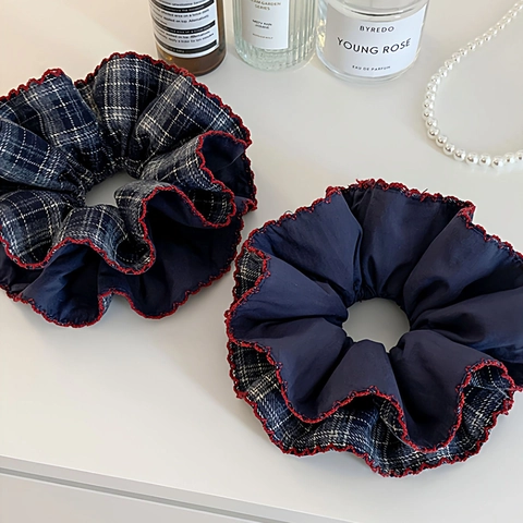 Oversized Korean Navy Blue Plaid Double Layer Fabric Hair Scrunchie For Women Elegant Vintage Red Wavy Edge Elastic Hair Tie Band