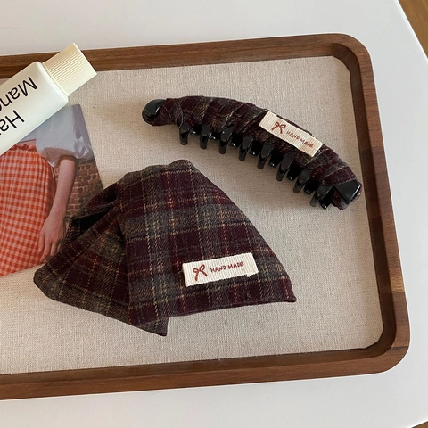 Fermaglio a Banana Vintage con Fiocco a Quadri Rosso Vino Retro in Tessuto Artigianale Supporto per Coda di Cavallo Donna