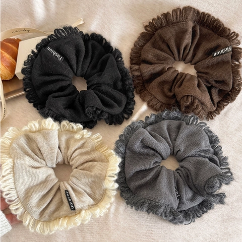 Fashion Knitted Oversized Scrunchies For Women Autumn Winter Solid Color Fringe Edge Elastic Hair Band Soft Hair Tie Accessory