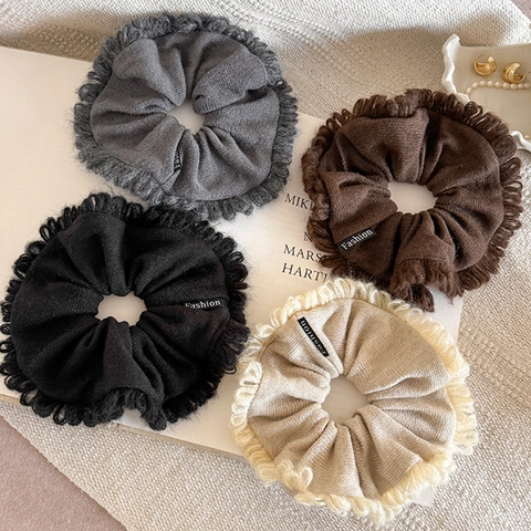 Fashion Knitted Oversized Scrunchies For Women Autumn Winter Solid Color Fringe Edge Elastic Hair Band Soft Hair Tie Accessory
