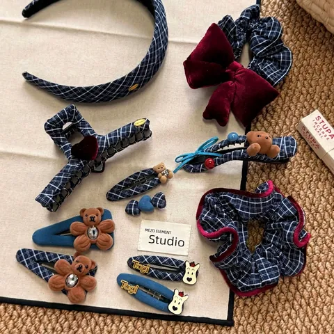 Academy Style Navy Blue Plaid Hair Accessory Set Cartoon Bear Dog Hair Clips Headband Scrunchie For Women Girls Headwear