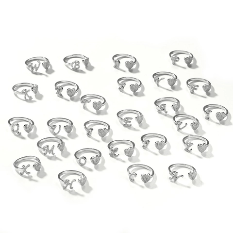 Kupfer Strass Herz Initialen Buchstabe Offener Ring Luxus Gold Silber Plattiert Verstellbarer Fingerring Modeschmuck Für Damen