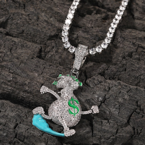 Hip Hop Running Money Bag Pendant Necklace For Men Copper Stainless Steel Inlaid Zirconia Enamel Dollar Sign Charm Rope Chain Jewelry