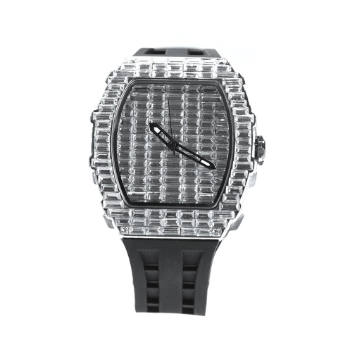 Orologio Hip Hop da Uomo con Brillanti Lussuoso Quadrante Tonneau al Quarzo Cinturino in Silicone Strass Baguette
