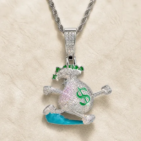 Hip Hop Running Money Bag Pendant Necklace For Men Copper Stainless Steel Inlaid Zirconia Enamel Dollar Sign Charm Rope Chain Jewelry