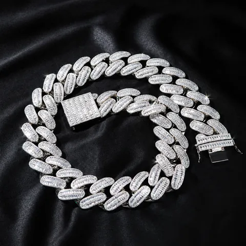 Collier Chaîne à Maillons Cubains Hip Hop en Cuivre Incrusté de Zirconia Coupe Baguette Bijoux Étincelants pour Hommes Femmes