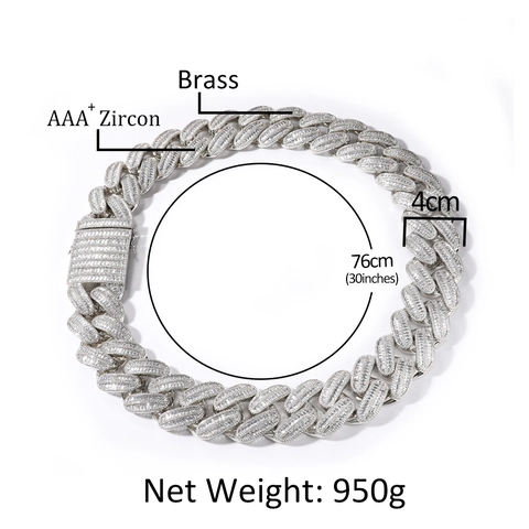 Collier Chaîne à Maillons Cubains Hip Hop en Cuivre Incrusté de Zirconia Coupe Baguette Bijoux Étincelants pour Hommes Femmes