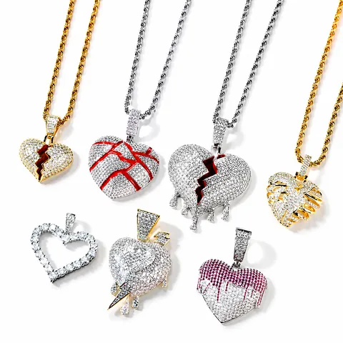 Hip Hop Heart Pendant Necklace Copper Zirconia Iced Out Broken Heart Skeletal Melting Design Street Jewelry For Women Men