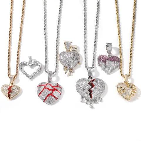 Hip Hop Heart Pendant Necklace Copper Zirconia Iced Out Broken Heart Skeletal Melting Design Street Jewelry For Women Men