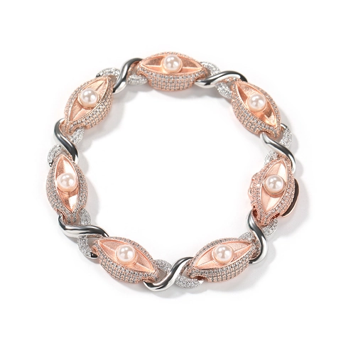Hip Hop Koperen Strass Kunstparel Oog Ketting Halsketting Premium Zilver Roségoud Tonen Street Style Sieraden Voor Heren