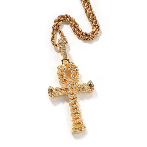 Hip Hop Heren Ankh Kruis Hanger Halsketting Koper Ingelegd Zirconia Iced Out Retro Sieraden Cadeau Goud Zilver Verguld