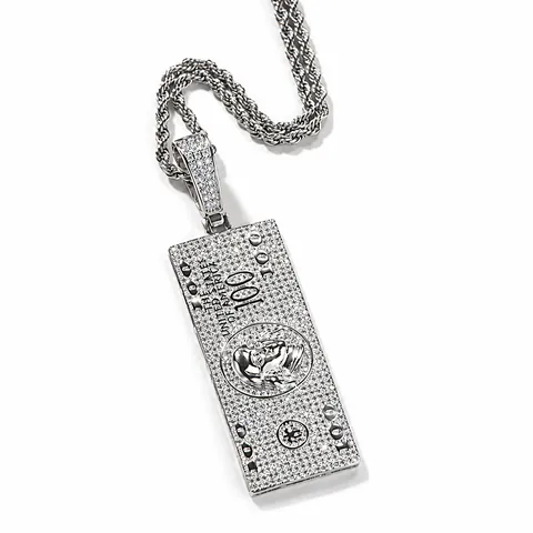 Hip Hop Men Copper Dollar Bill Pendant Necklace Iced Out Zirconia Money Sign Necklace Trendy Street Jewelry Rope Chain