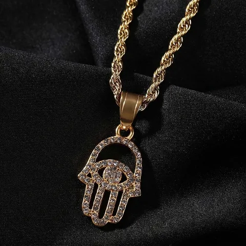 Collar con Colgante de Mano de Fátima de Acero Inoxidable con Zirconia Ojo Malvado Joyería Hip Hop para Hombre Mujer Oro Collares Cadena de Cuerda Larga