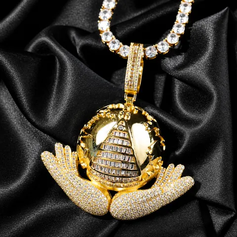 Iced Out Hip Hop Earth Globe Pyramid Pendant Necklace Copper 5A Zirconia Gold Silver Rope Chain Streetwear Men Jewelry