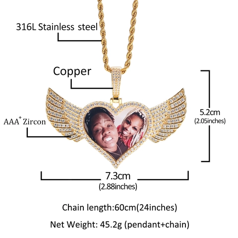 Collana con Pendente Memoria Foto Personalizzata Con Ali d'Angelo Cuore Rame Placcato Oro Argento Acciaio Inossidabile Catena Zirconia Gioielli Hip Hop