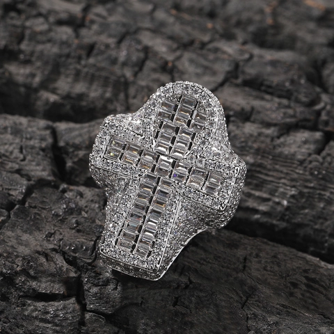 Hip Hop Ankh Cross Ring Copper Inlaid Zirconia Iced Out Retro Fashion Men Jewelry Gold Silver Big Statement Band For Party