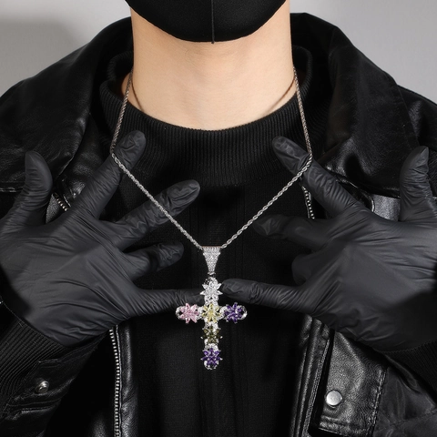 Collana con Ciondolo a Croce Hip-hop Iced Out Fiore di Zirconia Colorata Ottone Acciaio Inossidabile Gioielli Uomo Donna