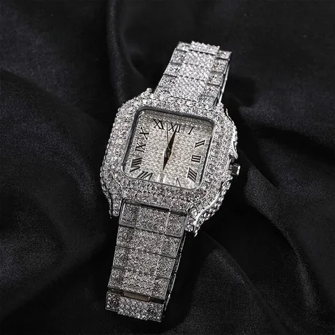 Lussuoso Orologio al Quarzo Quadrato Hip Hop da Uomo Quadrante Pavé di Diamanti Numeri Romani Impermeabile Alla Moda in Metallo Oro Argento