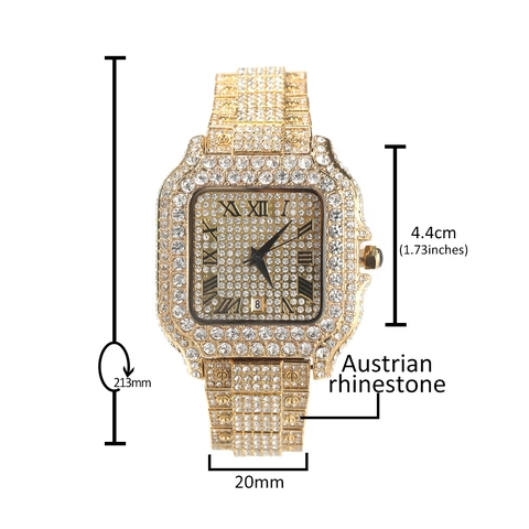 Lussuoso Orologio al Quarzo Quadrato Hip Hop da Uomo Quadrante Pavé di Diamanti Numeri Romani Impermeabile Alla Moda in Metallo Oro Argento