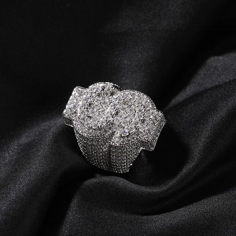 Hip Hop Dollar Sign Rhinestone Ring For Men Iced Out Copper Money Sign Statement Ring Gold Silver Plated Jewelry Gift