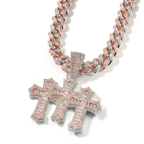 Collana con Pendente Tripla Croce Hip Hop Iced Out per Uomo Donna Gioielli in Rame con Zirconia e Catena Cubana da 12mm