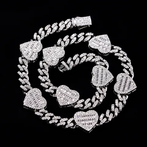 Hip Hop Cuban Link Chain Heart Necklace Bracelet Copper Zirconia Iced Out Pendant Men Women Trendy Punk Jewelry Gold Silver