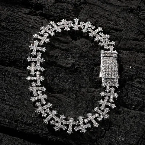 Hip Hop Iced Out Cross Link Bracelet For Men Women Brass Zirconia Inlaid Gold Silver Plated Gothic Punk Jewelry Gift