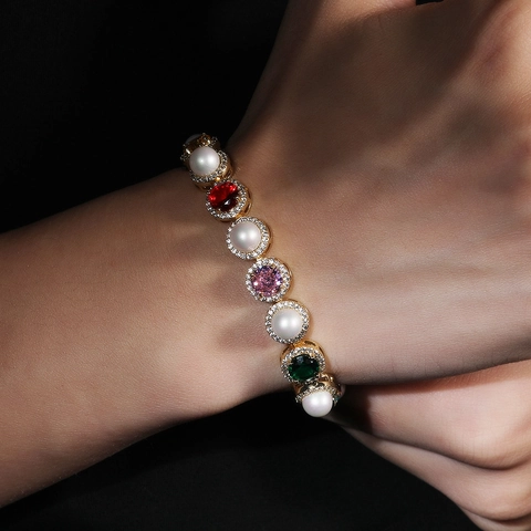 Hip Hop Multi Color Zirconia Artificial Pearl Necklace Bracelet Copper Gold Silver Plated Luxury Chunky Chain Jewelry For Unisex Party