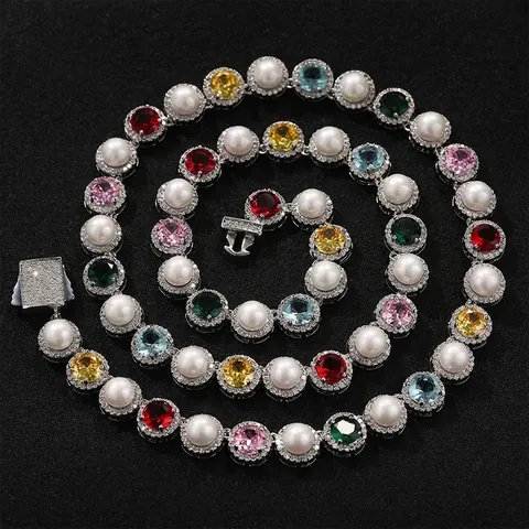 Hip Hop Multi Color Zirconia Artificial Pearl Necklace Bracelet Copper Gold Silver Plated Luxury Chunky Chain Jewelry For Unisex Party