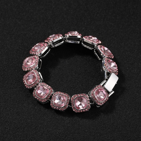 Hip Hop Legierung Rosa Strass Armband Für Damen Silber Farbe Geometrisches Herz Quadratisch Panzerkette Schmuck Geschenk