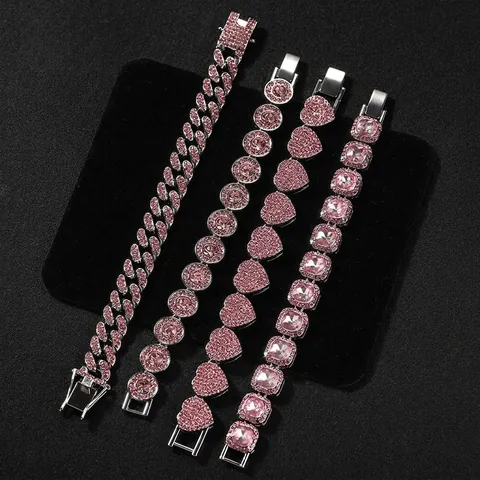 Hip Hop Legierung Rosa Strass Armband Für Damen Silber Farbe Geometrisches Herz Quadratisch Panzerkette Schmuck Geschenk
