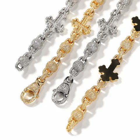 Hip Hop Kupfer Kreuz Anhänger Halskette Für Herren Iced Out Strass Bling Kugelkette Gold Silber Farbe Mode Schmuck
