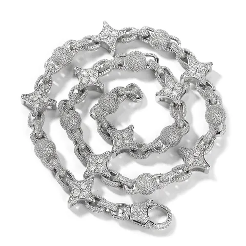 Collana da Uomo Hiphop in Rame e Zirconia con Catena a Sfere e Stelle Placcata Oro Argento Iced Out Gioielli