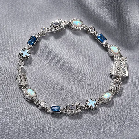 Luxury Brass Hip Hop Cross Bracelet Necklace With Blue Zirconia White Opal Geometric Mixed Links For Women Men Jewelry Gift