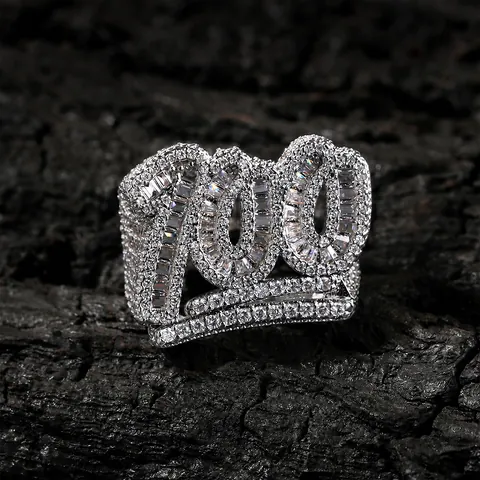 Anello Hip Hop Iced Out Numero 100 in Rame Con Zirconi Placcato Oro Argento Gioielli Street Fashion per Uomo